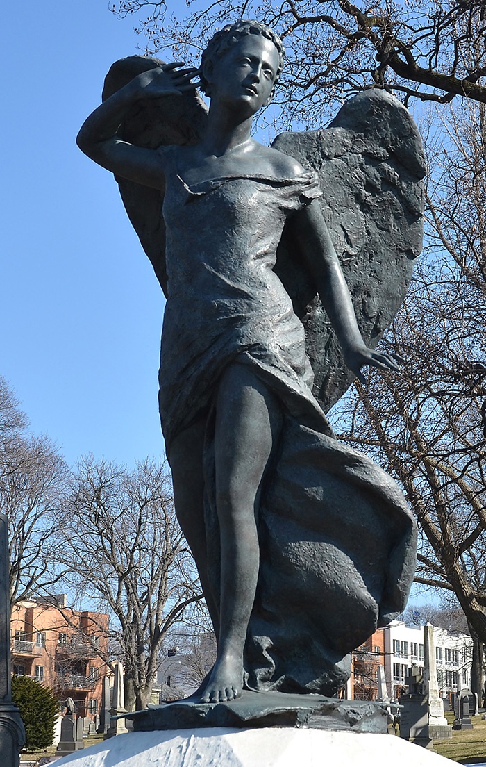 Angel of Music by Jill Burkee Giancarlo Biagi, bronze, at Green-Wood Cemetery, Brooklyn, NY